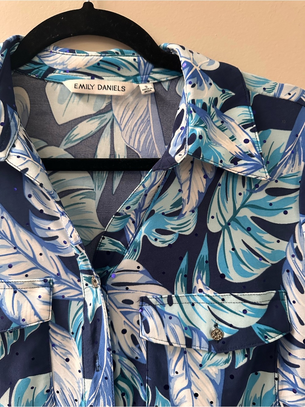 Emily Daniels Blue Tropical Leaf Button-Up Shirt